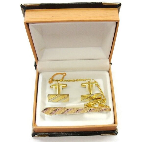 Cufflinks Set w Neck Tie Clip Gold Tone Unique Design Shirt Suit Vintage IOB - Picture 7 of 10